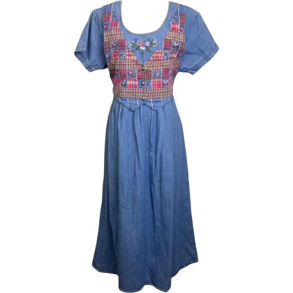 Embroidered Vintage Denim Patchwork Maxi Dress Floral Plaid Cottagecore Size 14
